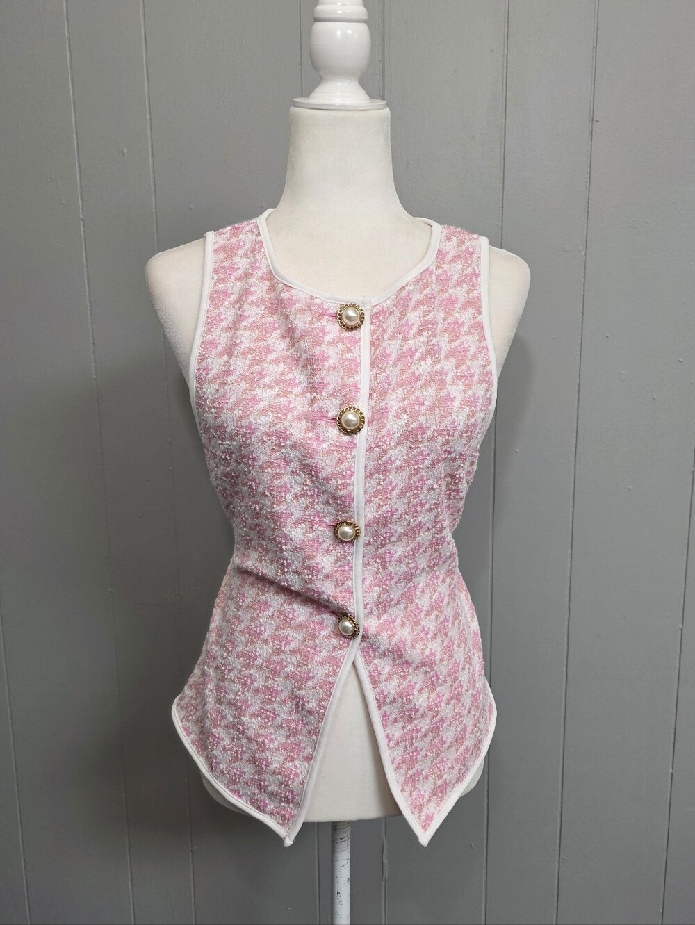 Shein Houndstooth Pink & White Plaid Vest Size M